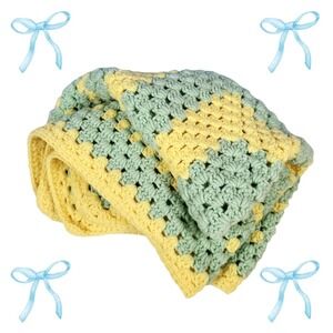 Vintage Handmade CROCHET AFGHAN BABY LAP BLANKET PASTEL Yellow‎ Blue 35" Square